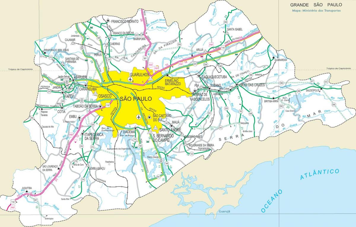 Mapa diaľnice predmestí Sao Paulo