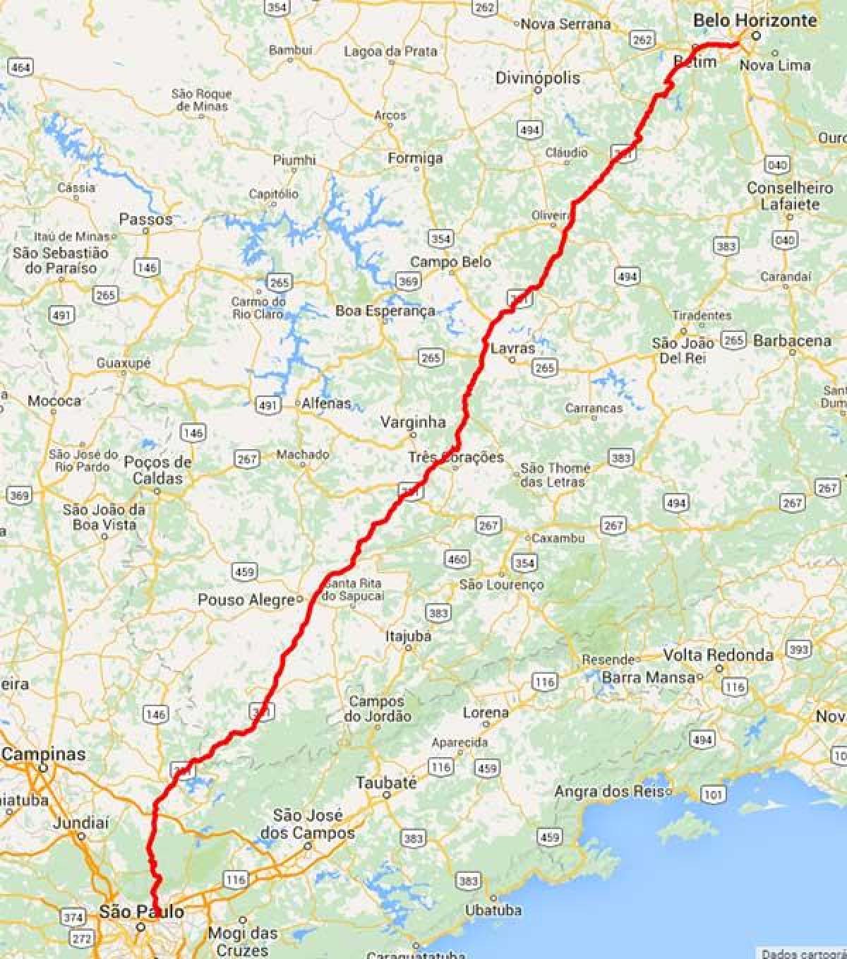 Mapa Fernão Dias diaľnici - BR 381