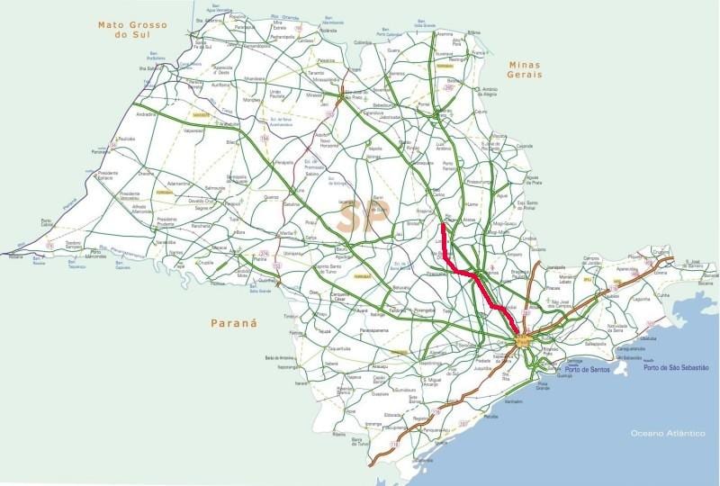 Mapa Bandeirantes diaľnici - SP 348