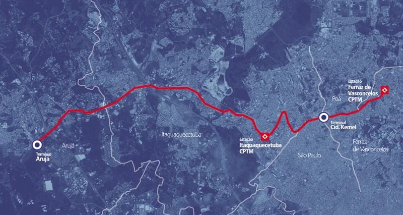 Mapa corredor BRT metropolitano Perimetral Alto Tietê