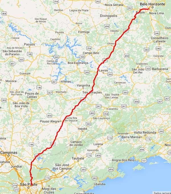 Mapa Fernão Dias diaľnici - BR 381